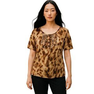 Jones New York Sport Animal Print Button-Front Tunic Top Medium Leopard Brown